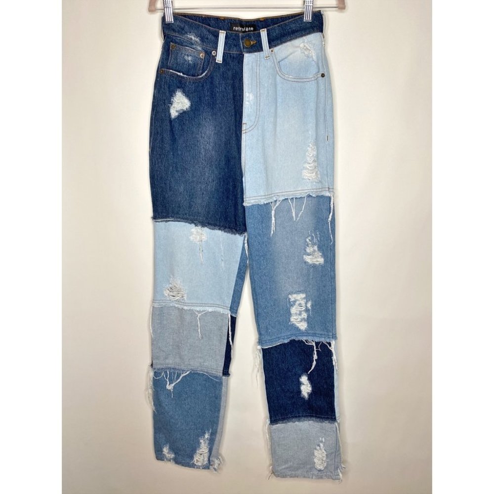 Retrofete Rikki Jeans Patchwork Denim Frayed Straight Leg High Rise New Size 27